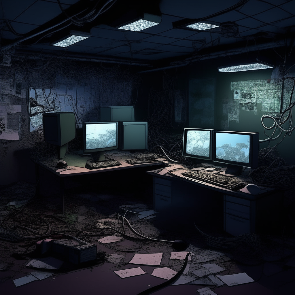 A dark room lit only by computer monitors, with cables strewn across the floor and a desk covered in keyboards, mice and circuit boards. The style is comic book-like with dramatic shadows.