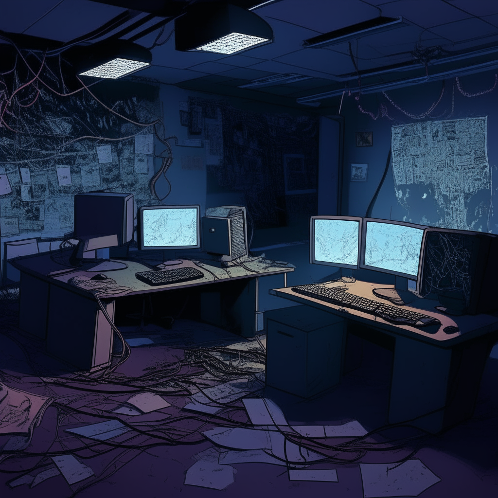 An illustrated dark room lit only by computer monitors, with cables strewn across the floor and a desk covered in keyboards, mice and circuit boards. The style is comic book-like with dramatic shadows and outlines.