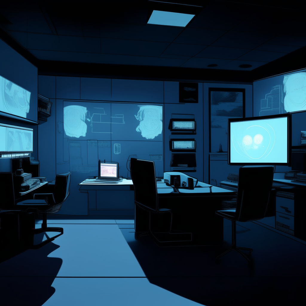 A minimalist comic book-style room with glowing computer screens and silhouetted equipment.