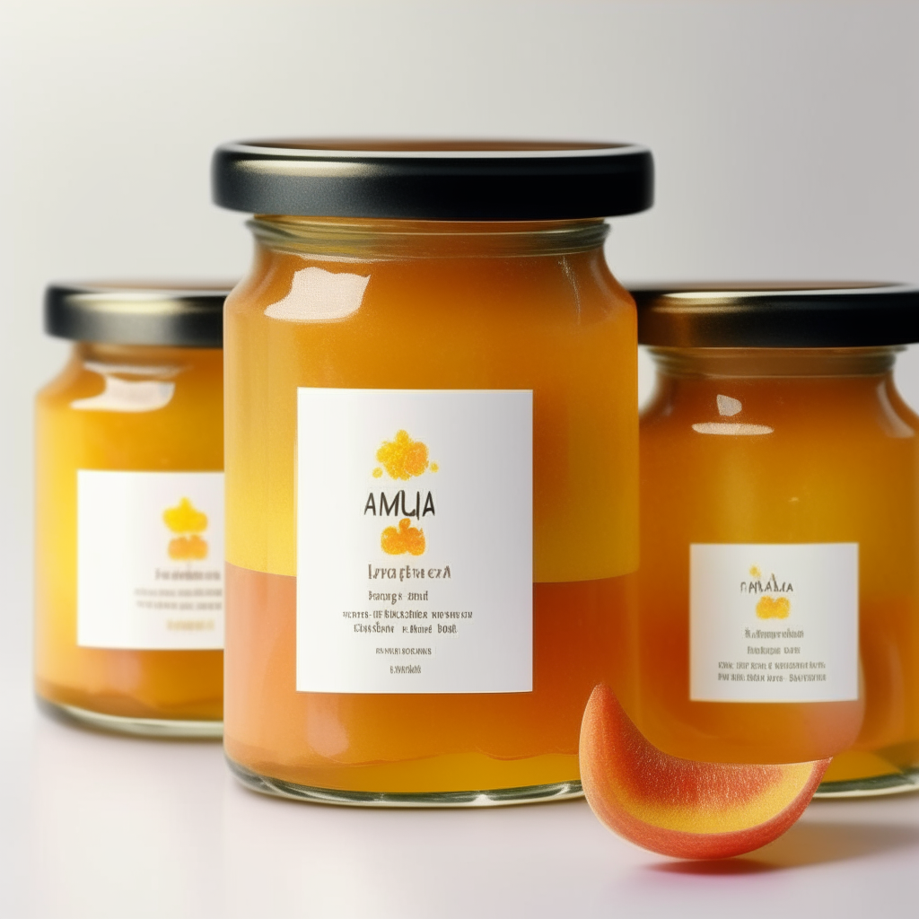 A minimalist white background with a beautifully arranged tray holding 5 medium sized glass jars filled with golden orange mango-papaya jelly. The jelly glistens, perfectly set, with tiny bubbles and fruit pieces suspended inside. Each custom printed label shows an illustration of a mango and papaya with the name of the jelly. The clean glass jars are sealed with gold lids. Light streams in from the left, illuminating the jelly.