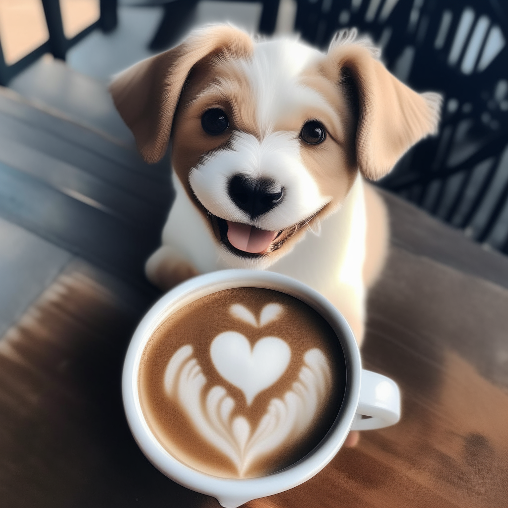 a happy puppy drinking a latte with heart-shaped foam art