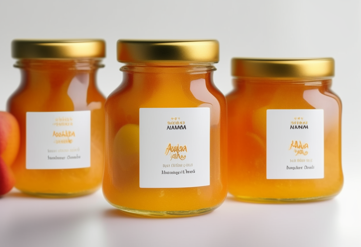 A minimalist white background with a beautifully arranged tray holding 5 medium sized glass jars filled with golden orange mango-papaya jelly. The jelly glistens, perfectly set, with tiny bubbles and fruit pieces suspended inside. Each custom printed label shows an illustration of a mango and papaya with the name of the jelly. The clean glass jars are sealed with gold lids. Light streams in from the left, illuminating the jelly.