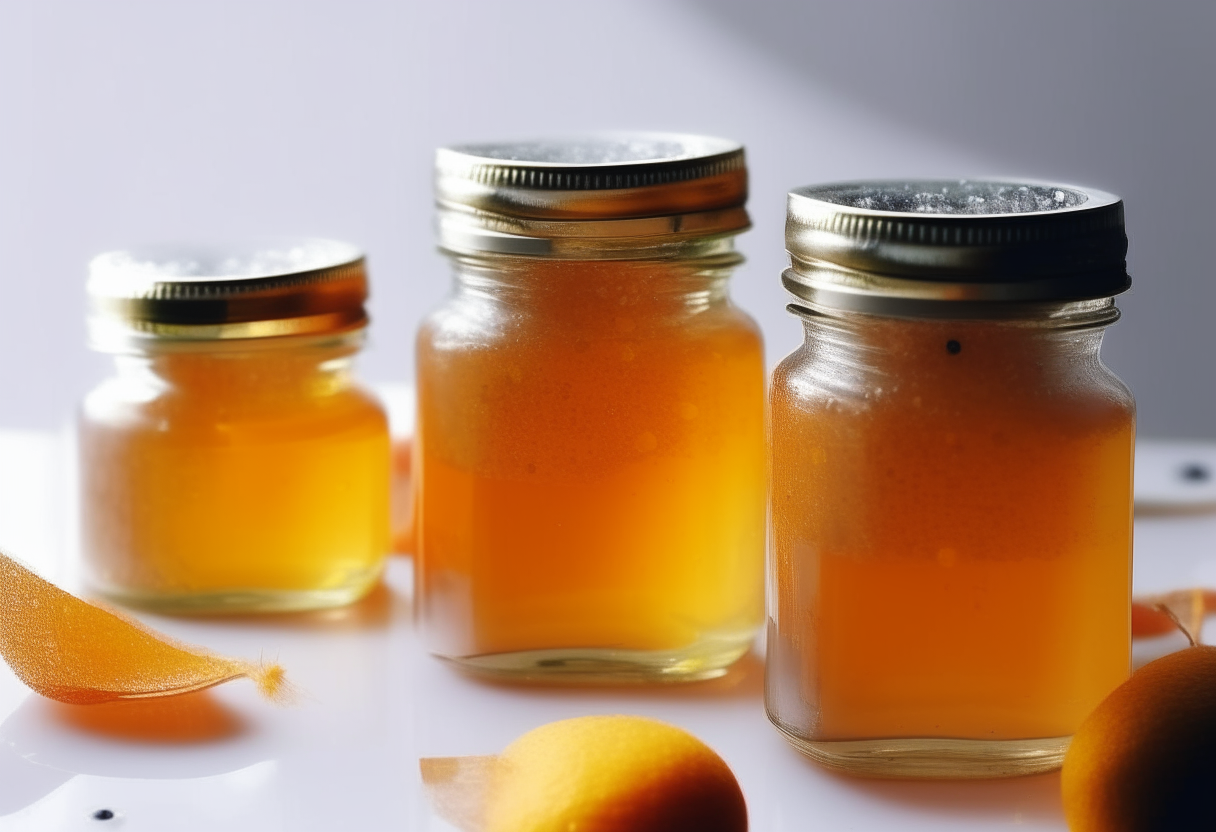 A minimalist white background with a beautifully arranged tray holding 5 medium sized glass jars filled with golden orange mango-papaya jelly. The jelly glistens, perfectly set, with tiny bubbles and fruit pieces suspended inside. The clean glass jars are sealed with gold lids. Light streams in from the left, illuminating the jelly.