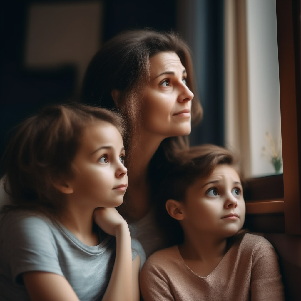 a mother watching her 2 elder daughter and 1 little son