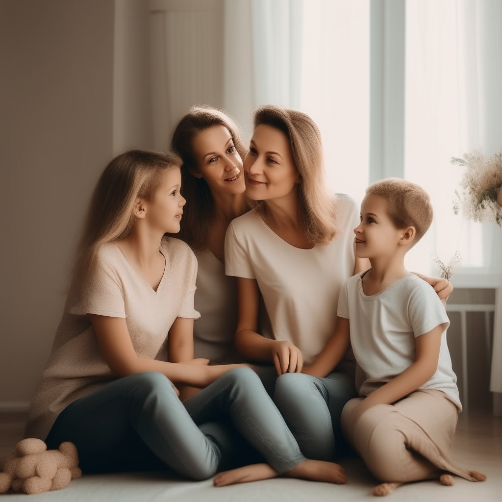  mother sitting with her 2 daughter and 1 little son looking at her husbands potraite