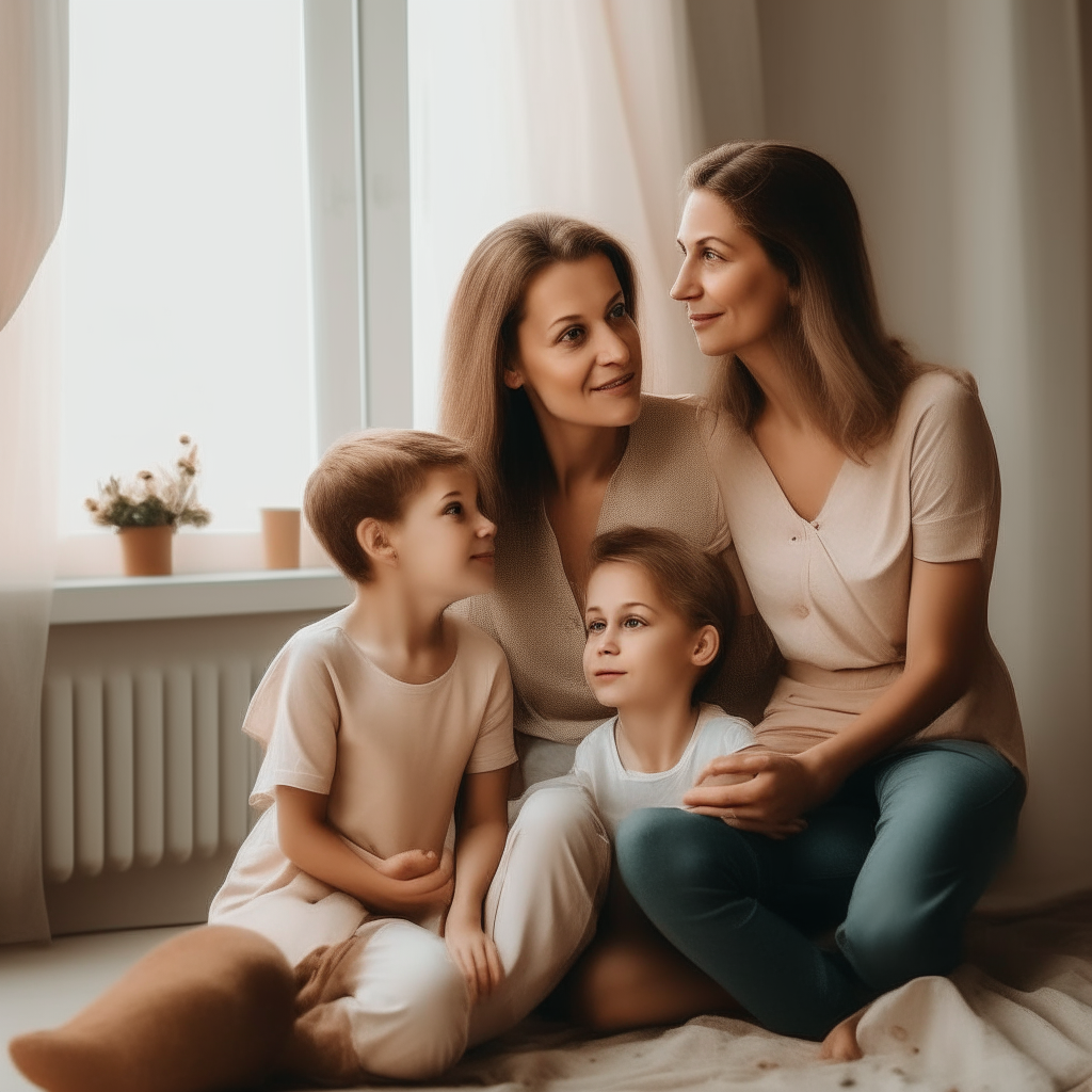  mother sitting with her 2 daughter and 1 little son looking at her husbands potraite