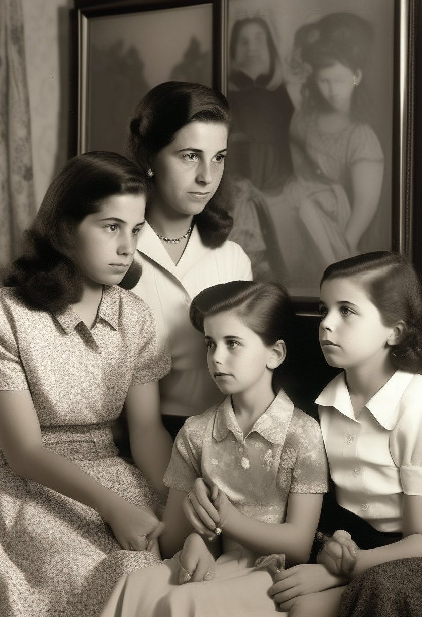 A mother sits with her two daughters and young son, all gazing fondly at a portrait of their father