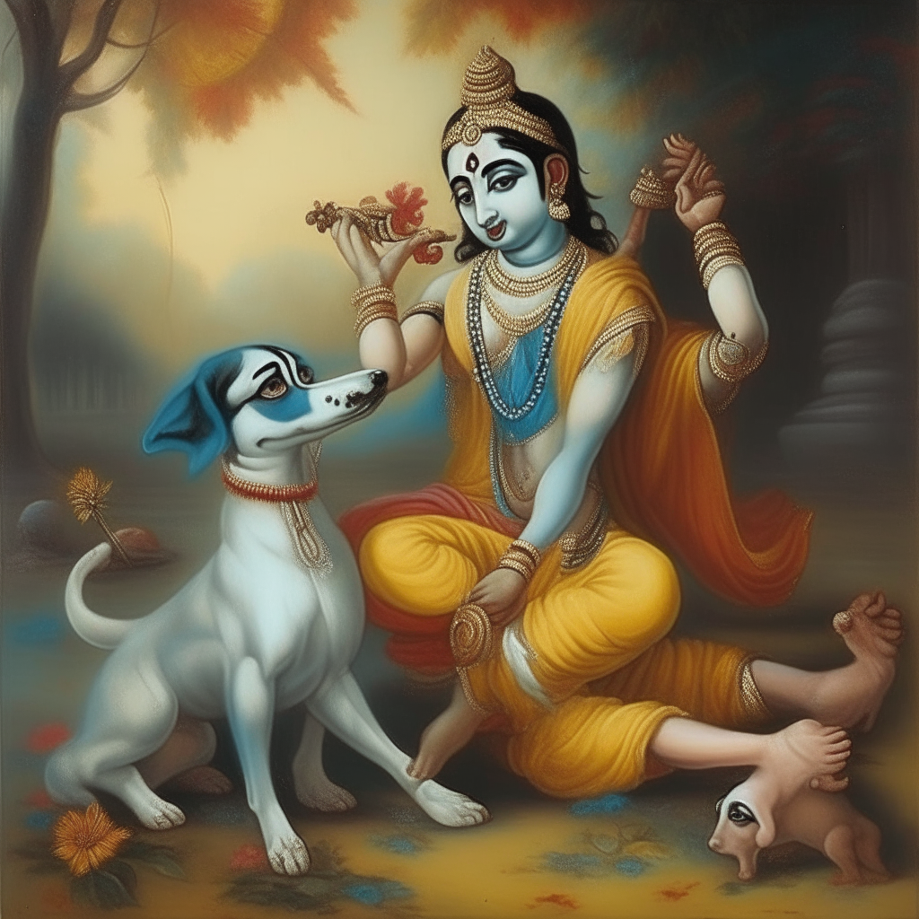 lord krishna playing with a dog