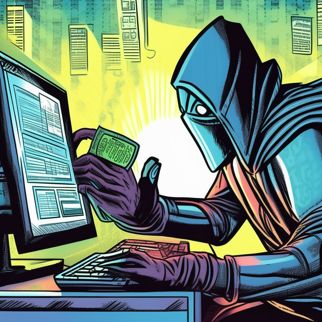 an illustration of a cyber criminal physically pulling money out of an online banking website, in a comic book style