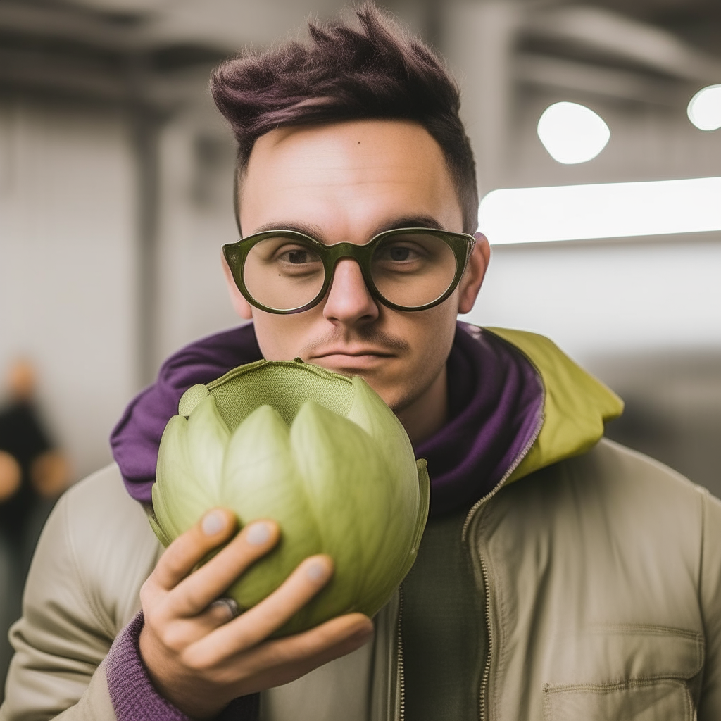 a person wearing glasses and goggles holding an artichoke