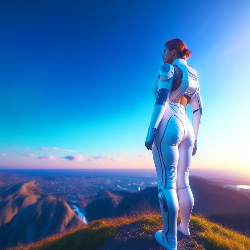 female astronaut standing on a hill overlooking a futuristic city, with her buttocks showing. cinematic, super intricate details, 4k, photo-realistic, 