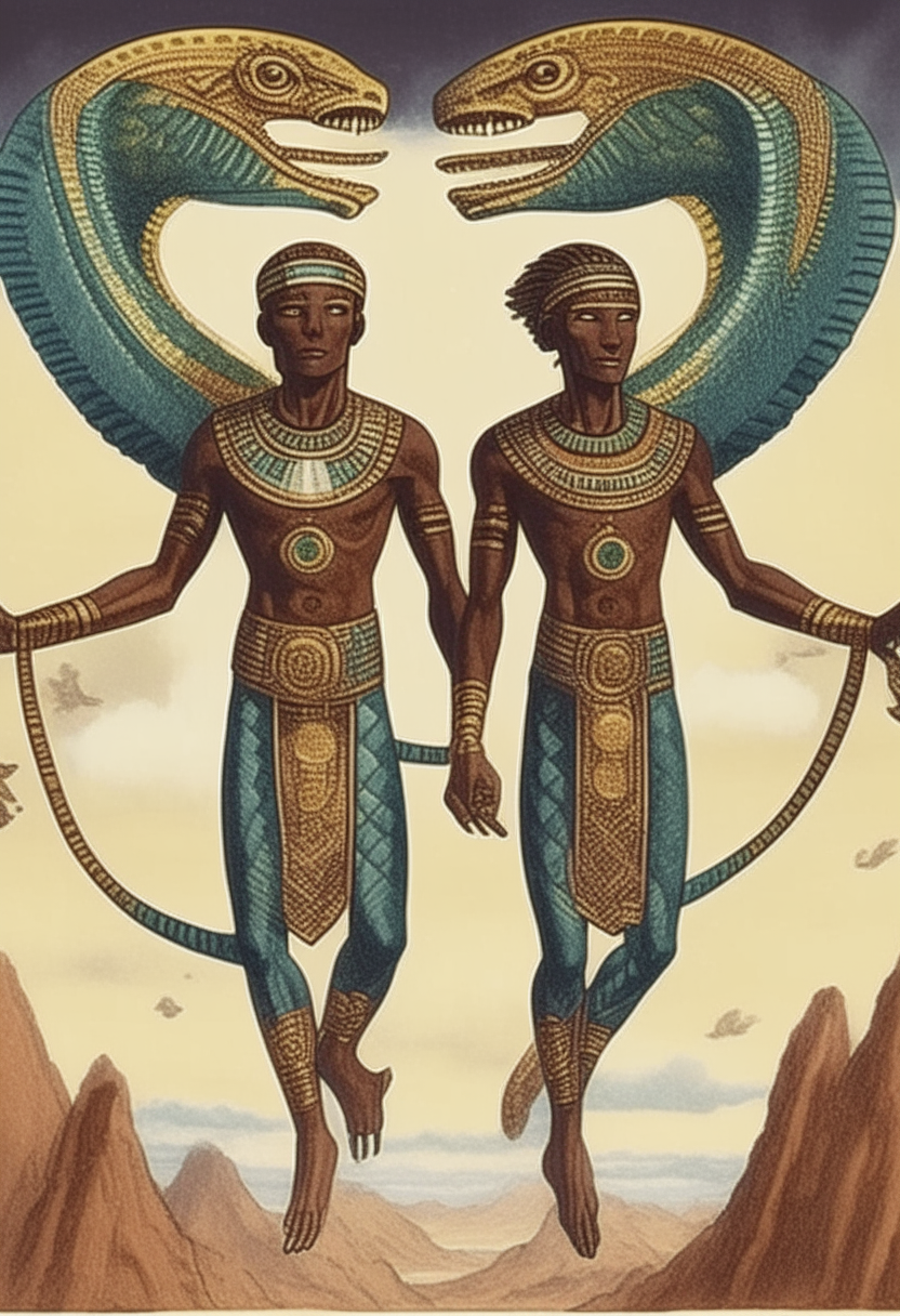 Hero Twins , Dogon myth , half human, half serpent twins flying to earth