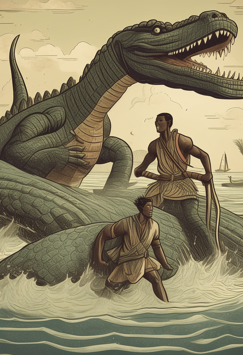 Hero Twins , Dogon myth , half human, half serpent twins fighting giant crocodile in sea