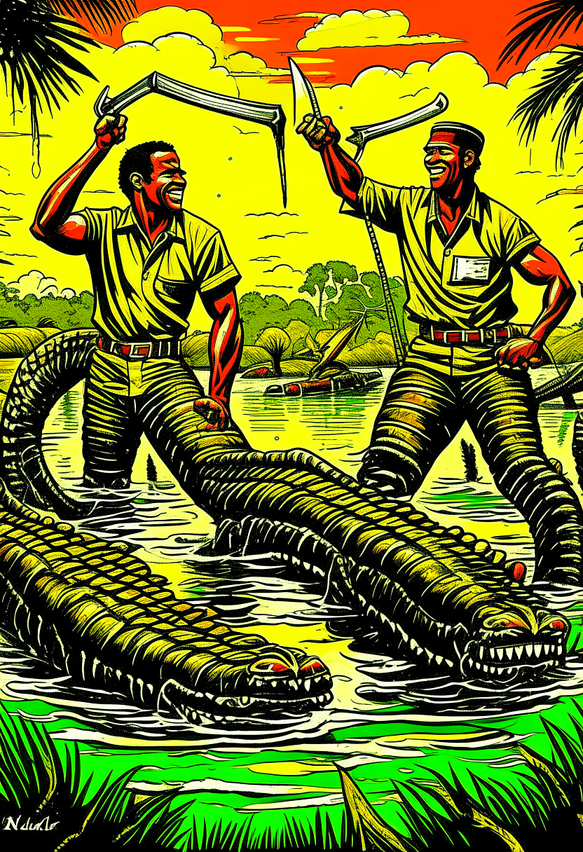 Hero Twins , Dogon myth , half human, half serpent twins fighting giant crocodile in river