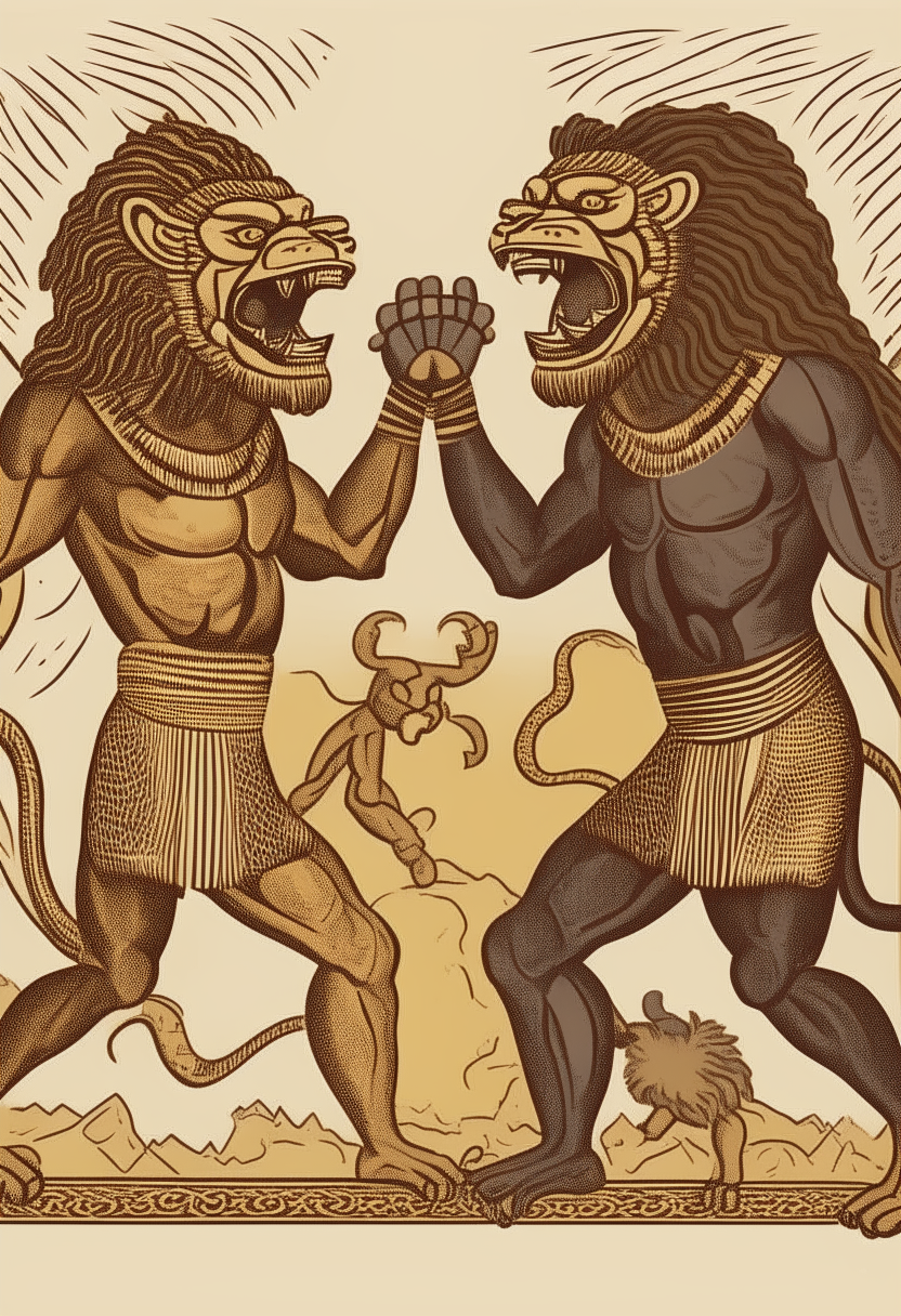 Hero Twins , Dogon myth , half human, half serpent twins fighting giant and angry lion