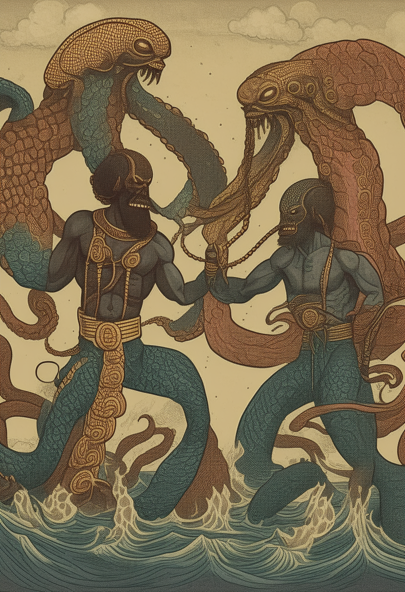 Hero Twins , Dogon myth , half human, half serpent twins fighting giant  octopus 