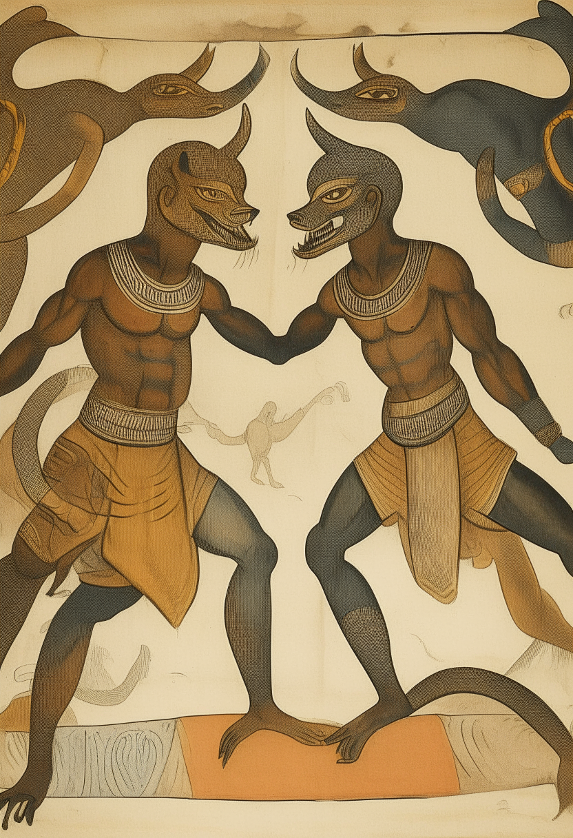 Hero Twins , Dogon myth , half human, half serpent twins fighting giant  fox