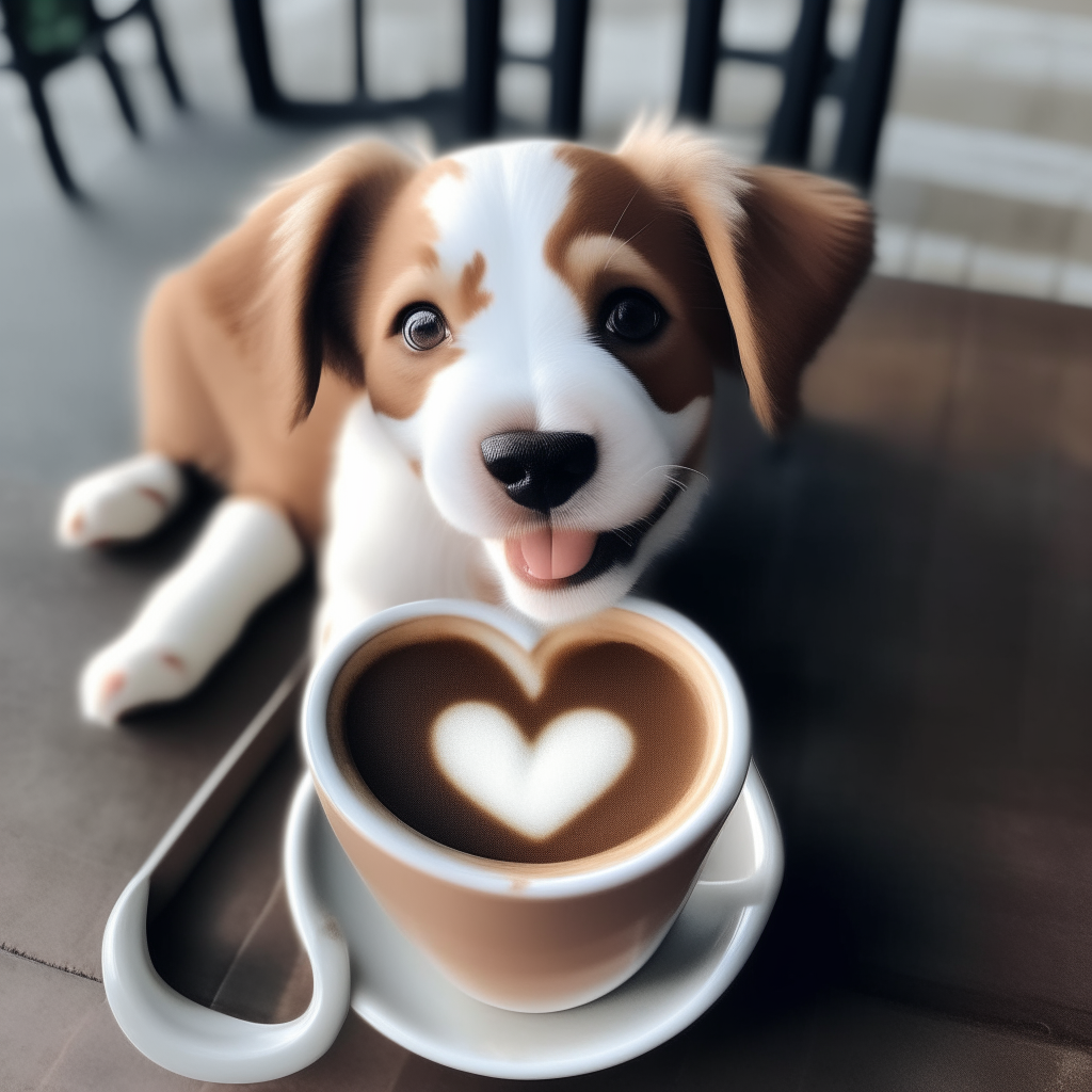 a happy puppy drinking a latte with heart-shaped foam art