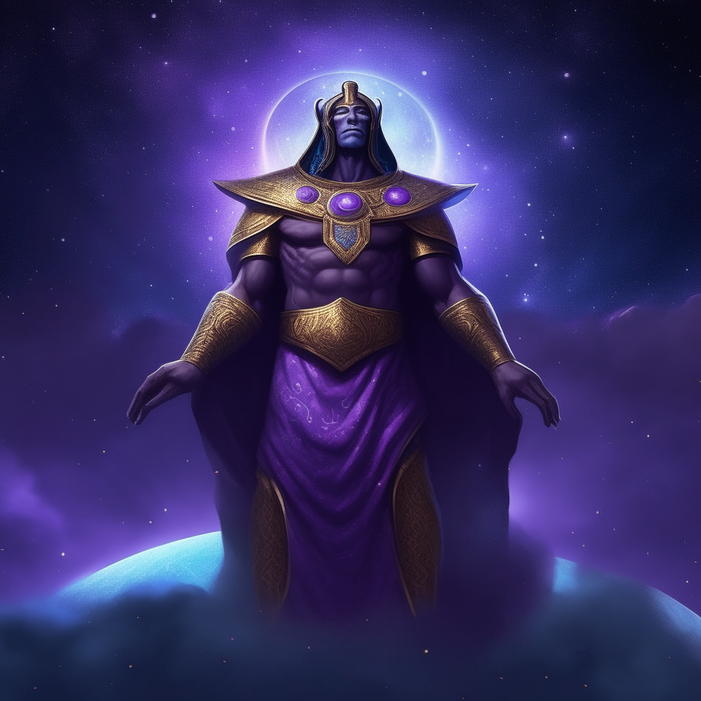 A majestic god Orus with purple skin and robes stands proudly against a night sky filled with stars.