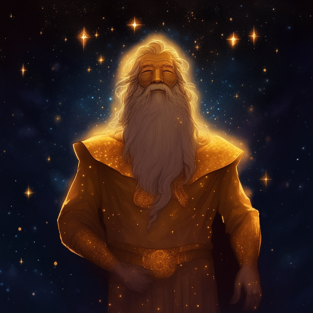 A bearded god stands proudly in the night sky, his golden form illuminated by the glow of countless stars.