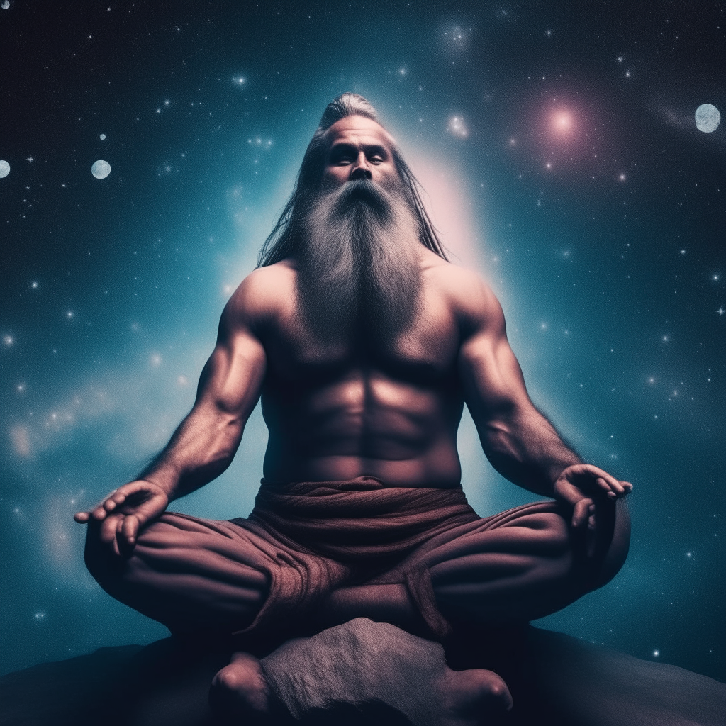 A muscular bearded god sitting in a yoga pose amongst the vastness of the universe.