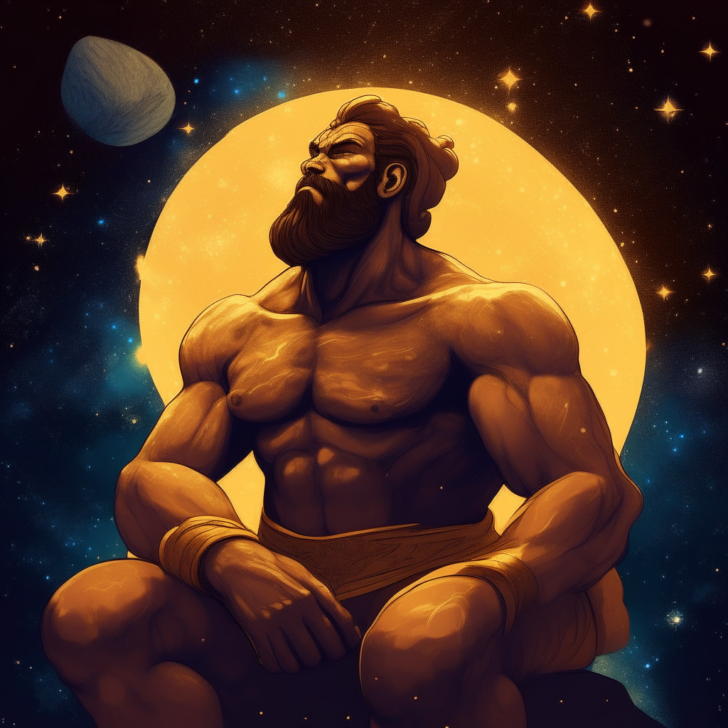 A muscular god with a short, well-groomed beard sits contemplatively amidst the vastness of the universe. His golden skin and defined muscles are silhouetted against the surrounding planets and stars.