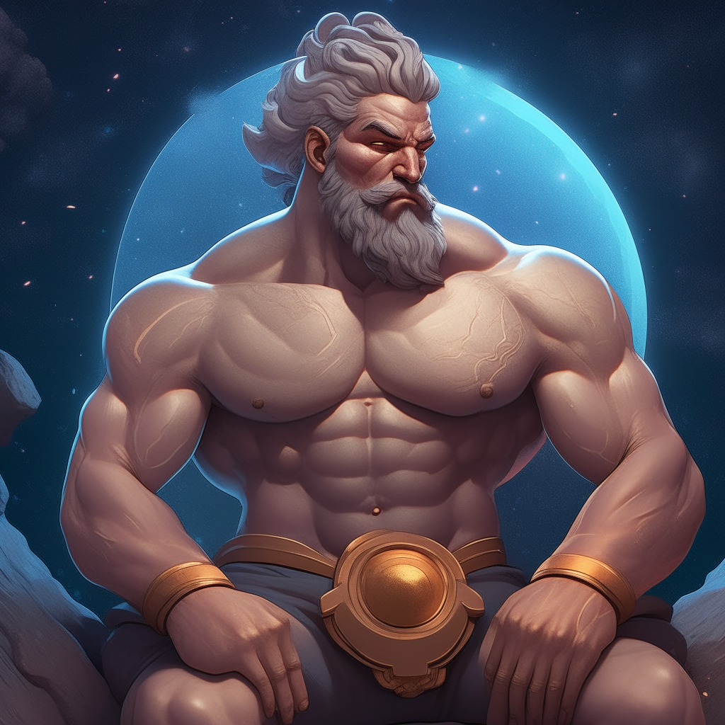 A muscular god with a short beard sits amidst a realistic detailed universe