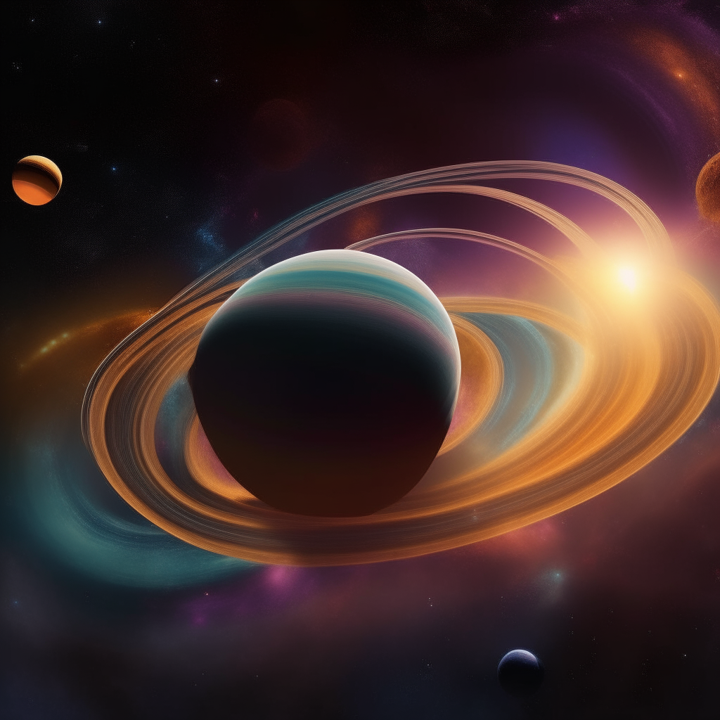 A planet with rings orbits a star as colorful gas clouds and asteroids drift in the background