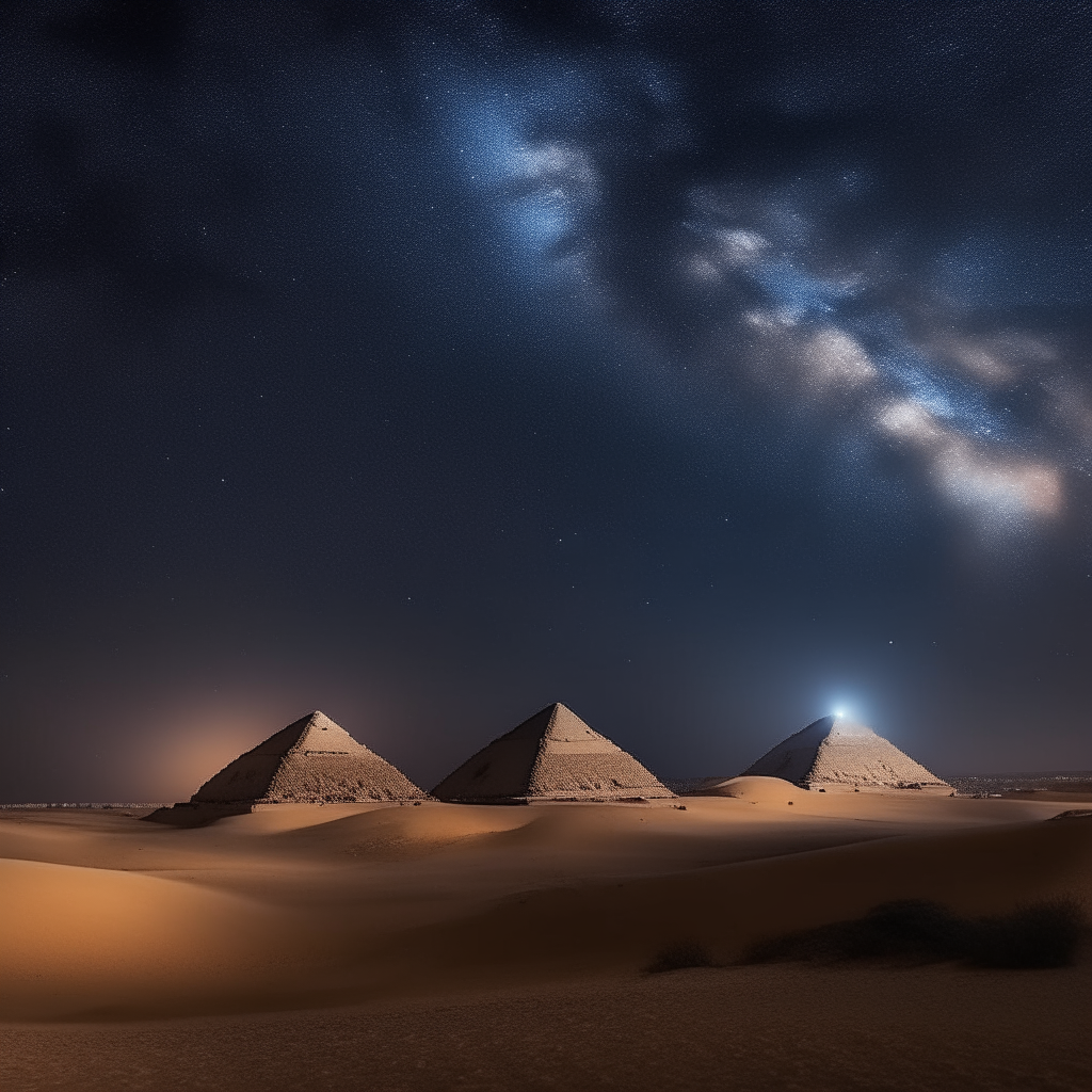 A nighttime desert scene under a starry sky, with ancient Egyptian pyramids silhouetted in the distance