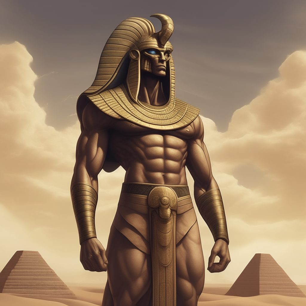 A muscular Egyptian god stands proudly, gazing out over the sands