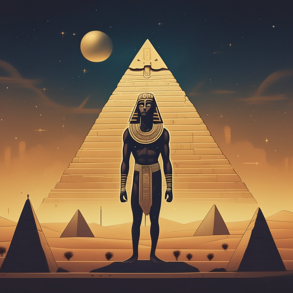 The Egyptian god stands in the desert backdrop, with pyramids and stars