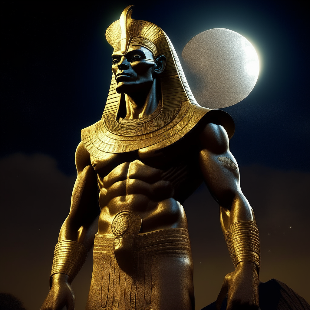 A towering Egyptian god stands proudly, his muscular physique defined under the light of the full moon. His golden skin shines and glimmers with hyper-realistic detail.