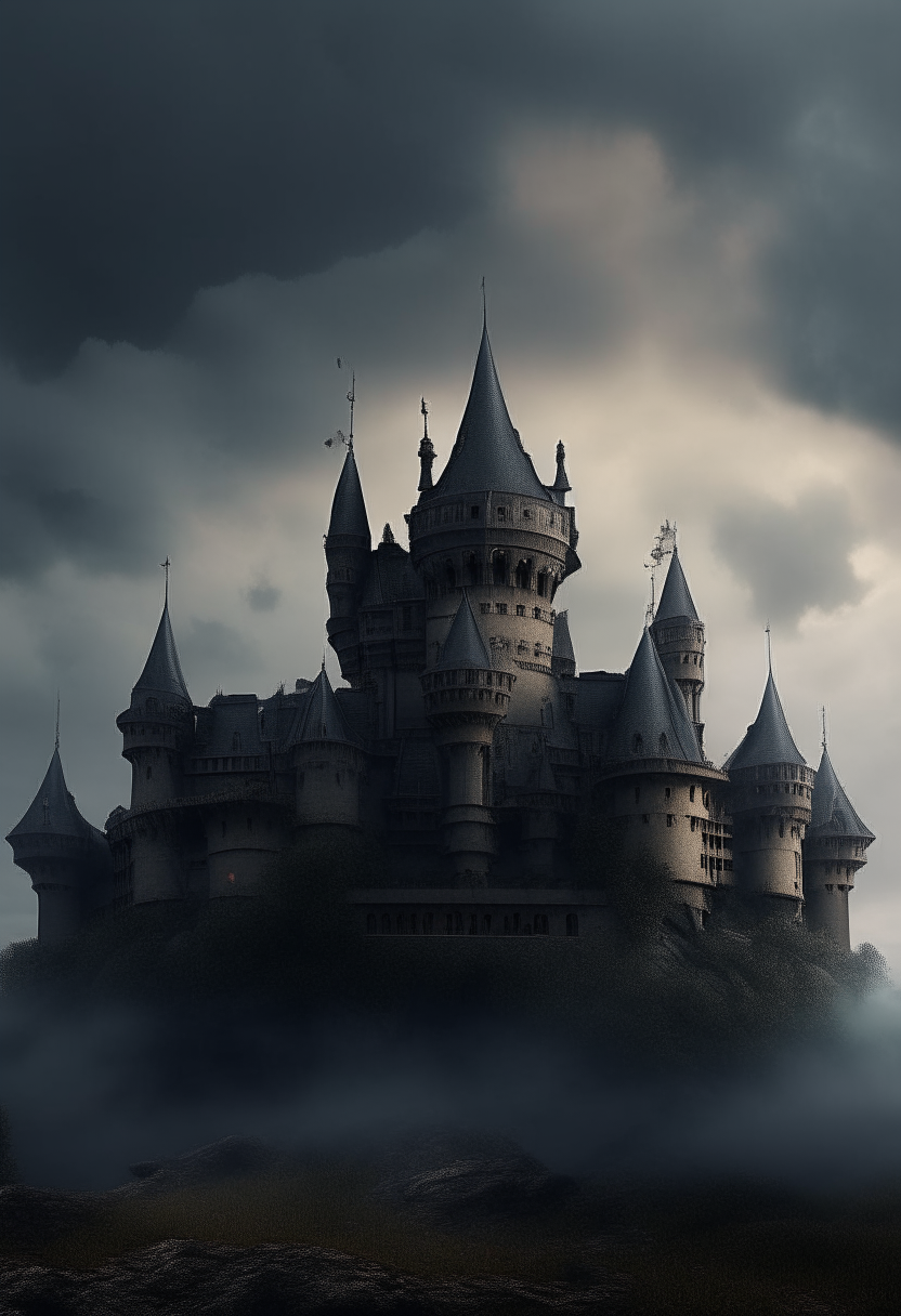 castle should be surrounded by dark, ominous clouds, with super-realistic details and a cinematic quality. The image should be in AR 16:9 format and capture the eerie, malevolent atmosphere of this otherworldly stronghold. Pay close attention to the fine details of the castle's architecture, the texture of the clouds, and the play of light and shadow to create a truly immersive and unsettling experience."