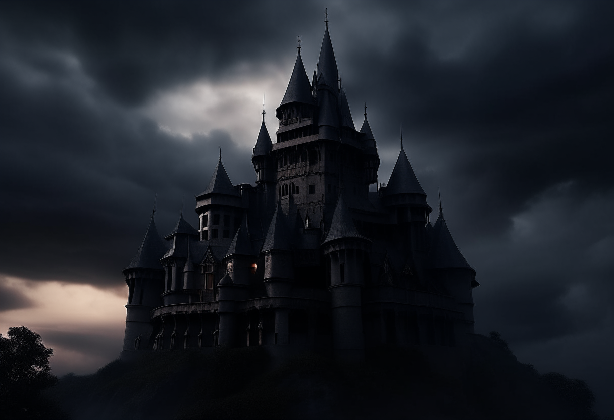 castle should be surrounded by dark, ominous clouds, with super-realistic details and a cinematic quality. The image should be in AR 16:9 format and capture the eerie, malevolent atmosphere of this otherworldly stronghold. Pay close attention to the fine details of the castle's architecture, the texture of the clouds, and the play of light and shadow to create a truly immersive and unsettling experience."