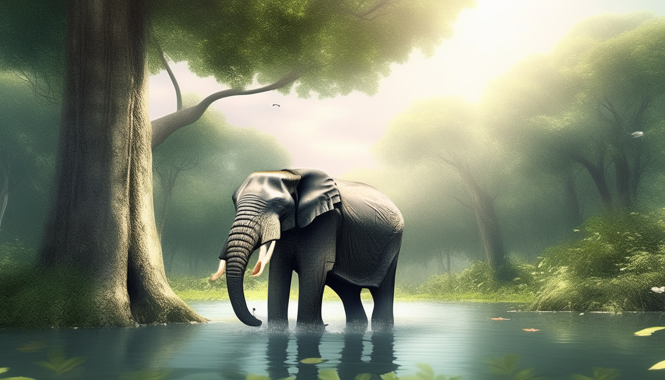 Create an elephant in a lake with trees and have a small animation