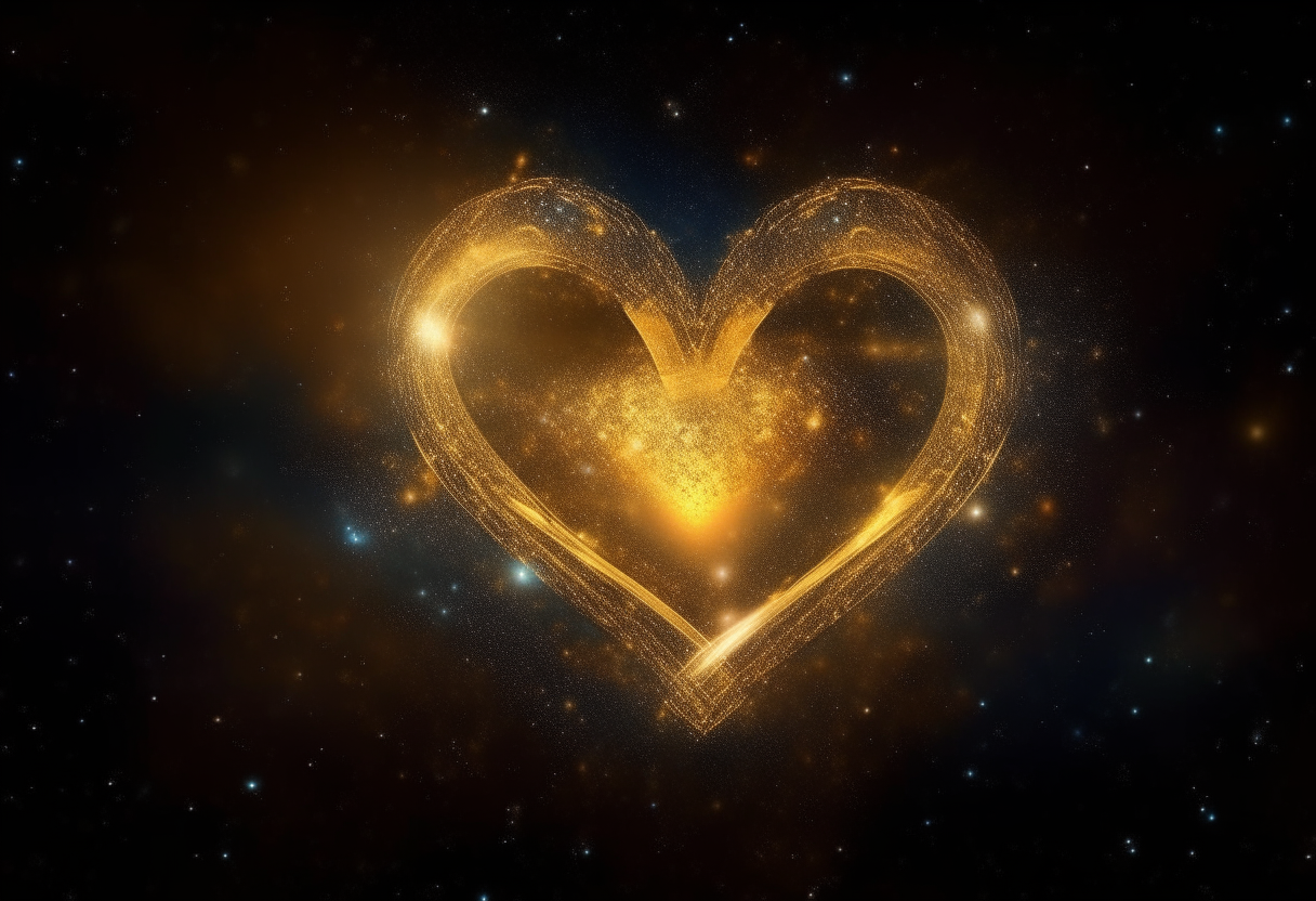 A glowing golden heart floating in deep space, surrounded by swirling nebulae and glittering stars