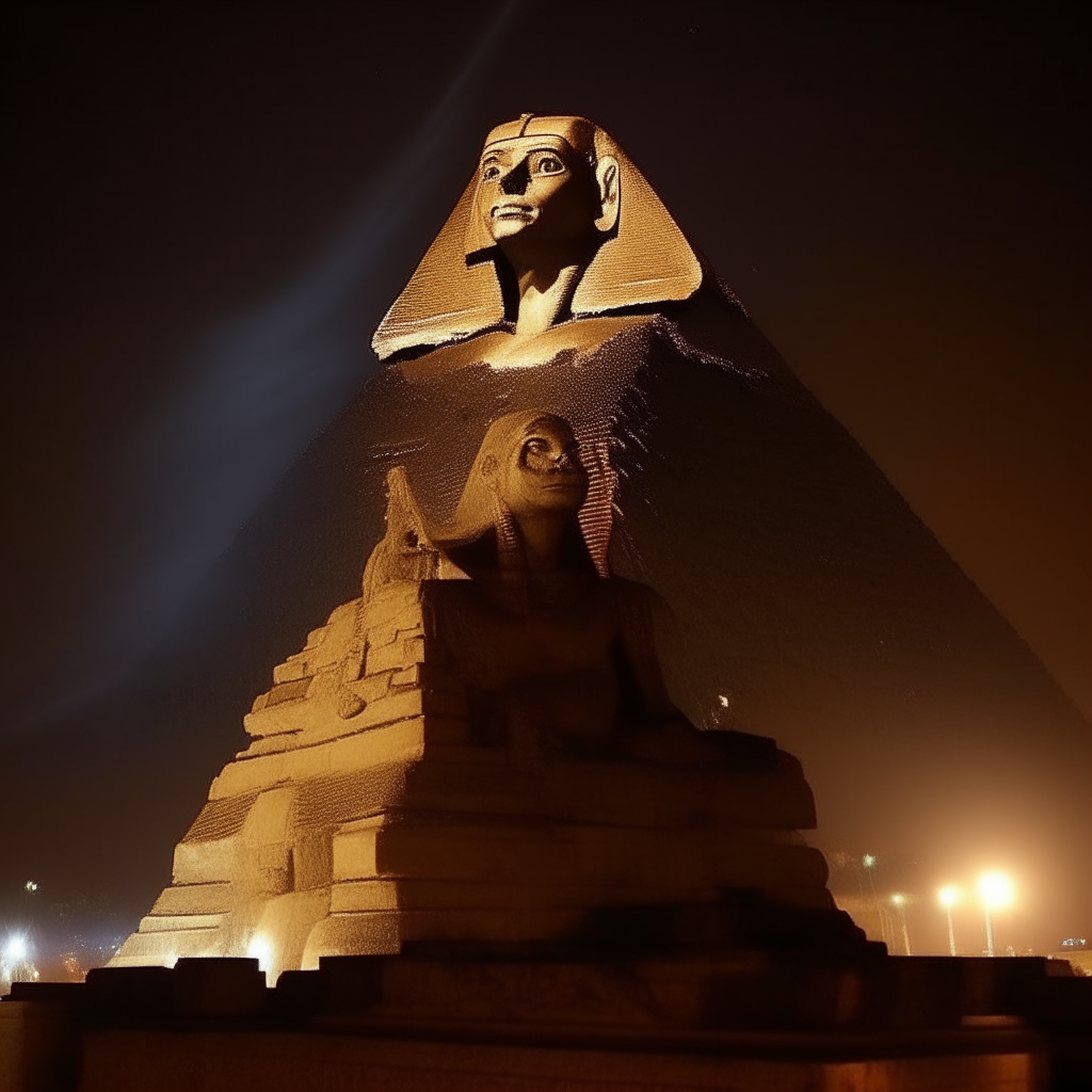 La imagen de una estatua de un dios egipcio en el fecidrto, en la noche estrellada y  detras las pirámides 