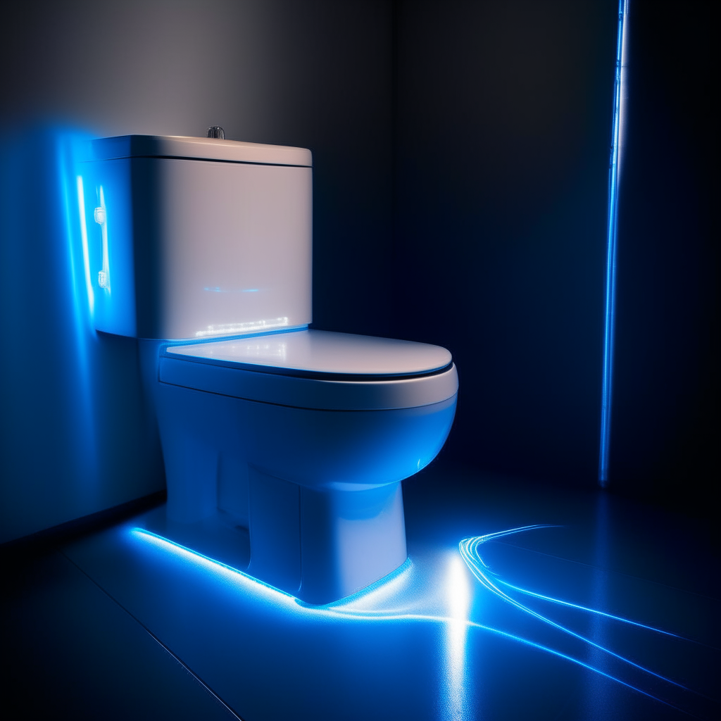 a white toilet with blue laser beams emitting from the sides