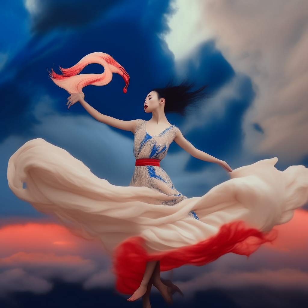 A beautiful Thai woman dancing in a cream flamingo with moving blue and red clouds behind her. 