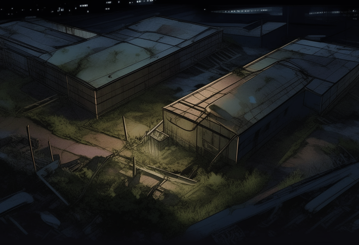 an aerial view of an abandoned industrial site at night, large rusty metal buildings, cracked concrete, overgrown with weeds, in the style of a comic book illustration