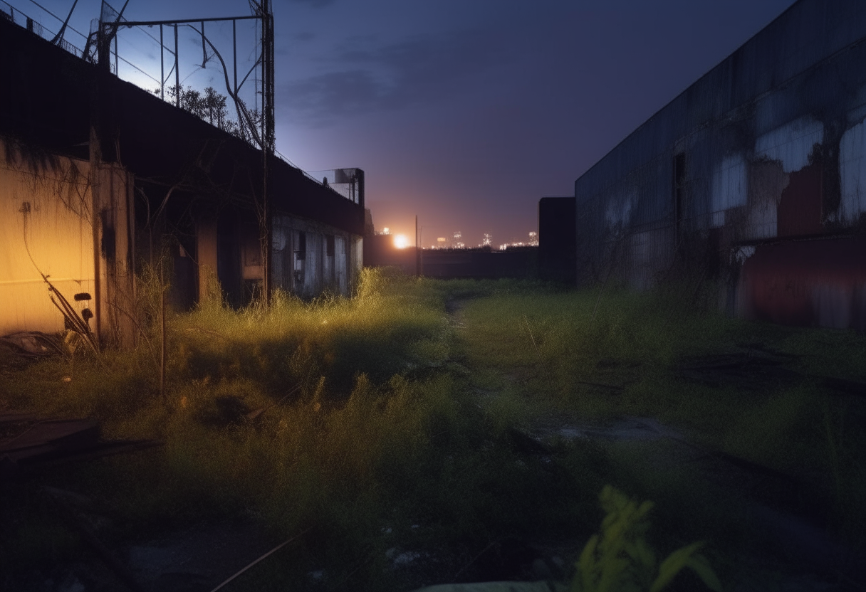 view of an abandoned industrial site at night from a first person perspective, large rusty metal buildings loom in the distance, cracked concrete underfoot, overgrown with weeds