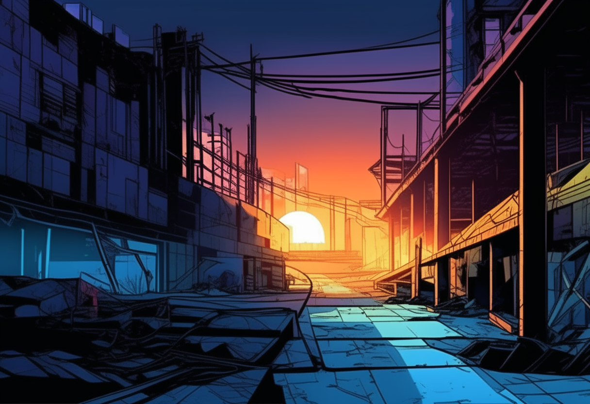 view of an abandoned industrial site at night from a first person perspective in a comic book style, with bold colors and lines