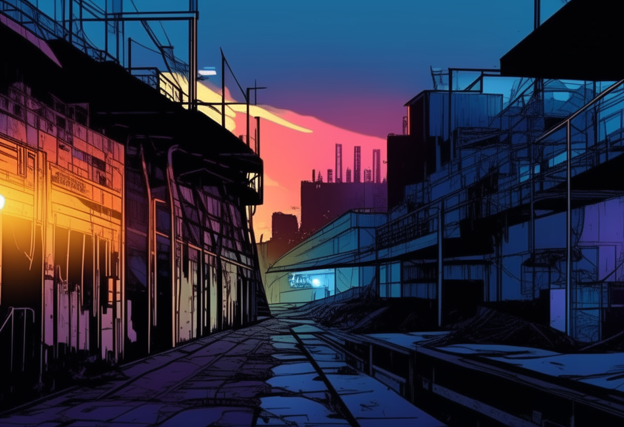 view of an abandoned industrial site at night from a first person perspective in a comic book style, with bold colors and lines