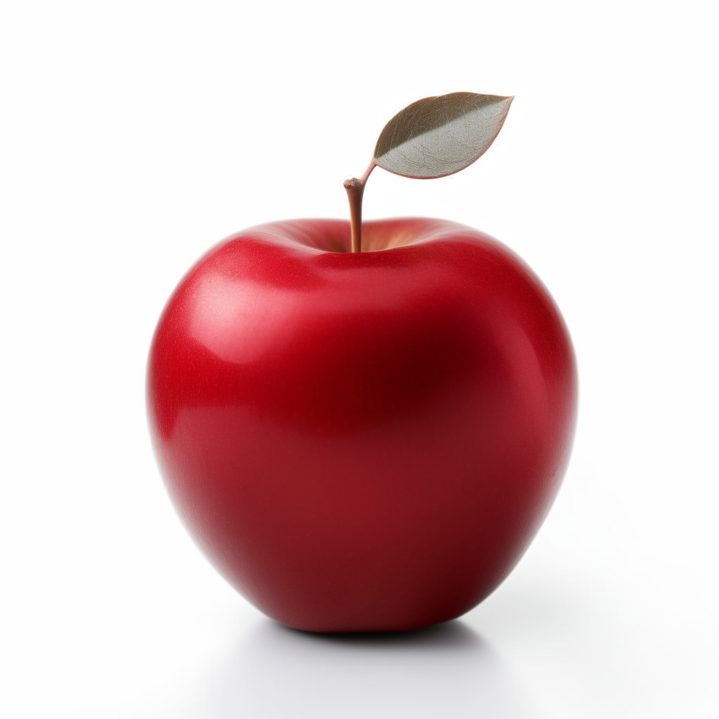 a red apple with a stem and leaf on a white background