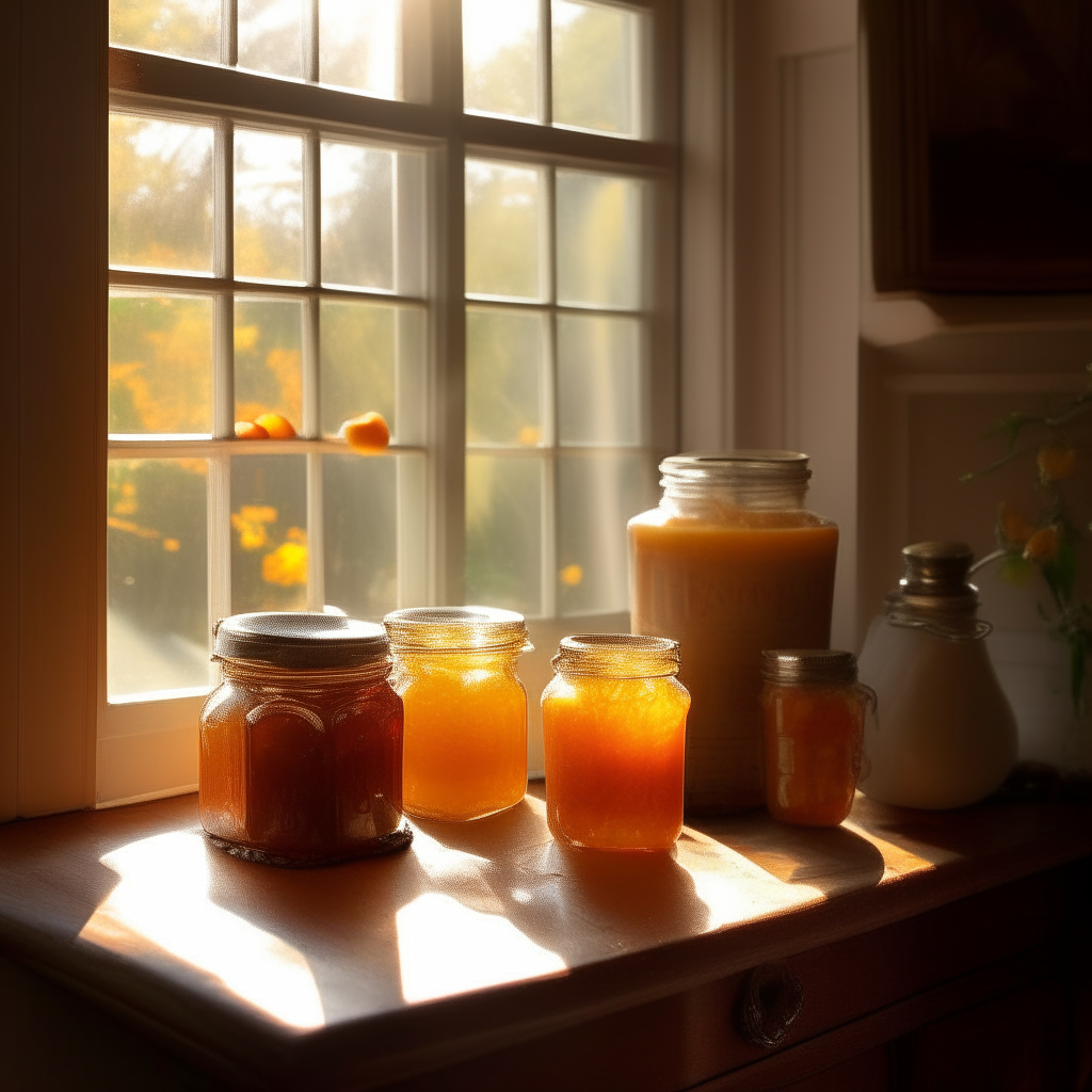 A rustic kitchen with an antique wooden table near a sunlit window. On the table are five exquisite jars filled with translucent, golden-orange mango papaya jelly, arranged precisely. The jar lids shimmer in the sunlight.