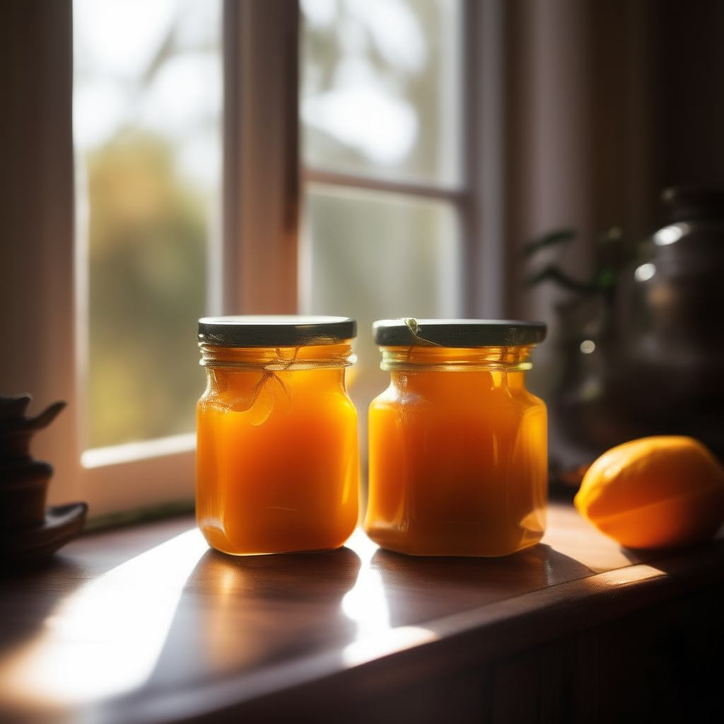 Two exquisite jars filled with golden orange mango papaya jelly on an antique wooden table near a sunlit window. The jars take up over 50% of the image frame. razor sharp focus bright clear studio lighting