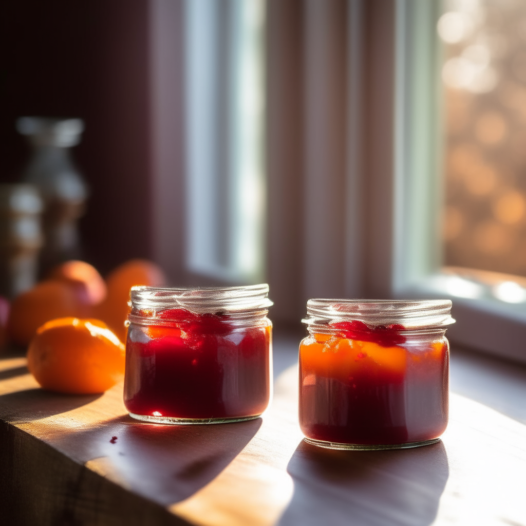 Two jars of cranberry and orange zest jelly on a rustic wooden table in a cozy kitchen. Soft daylight streams in. The jelly has vibrant hues with orange zest on top, showcasing homemade culinary artistry. bright, clear studio lighting razor sharp focus