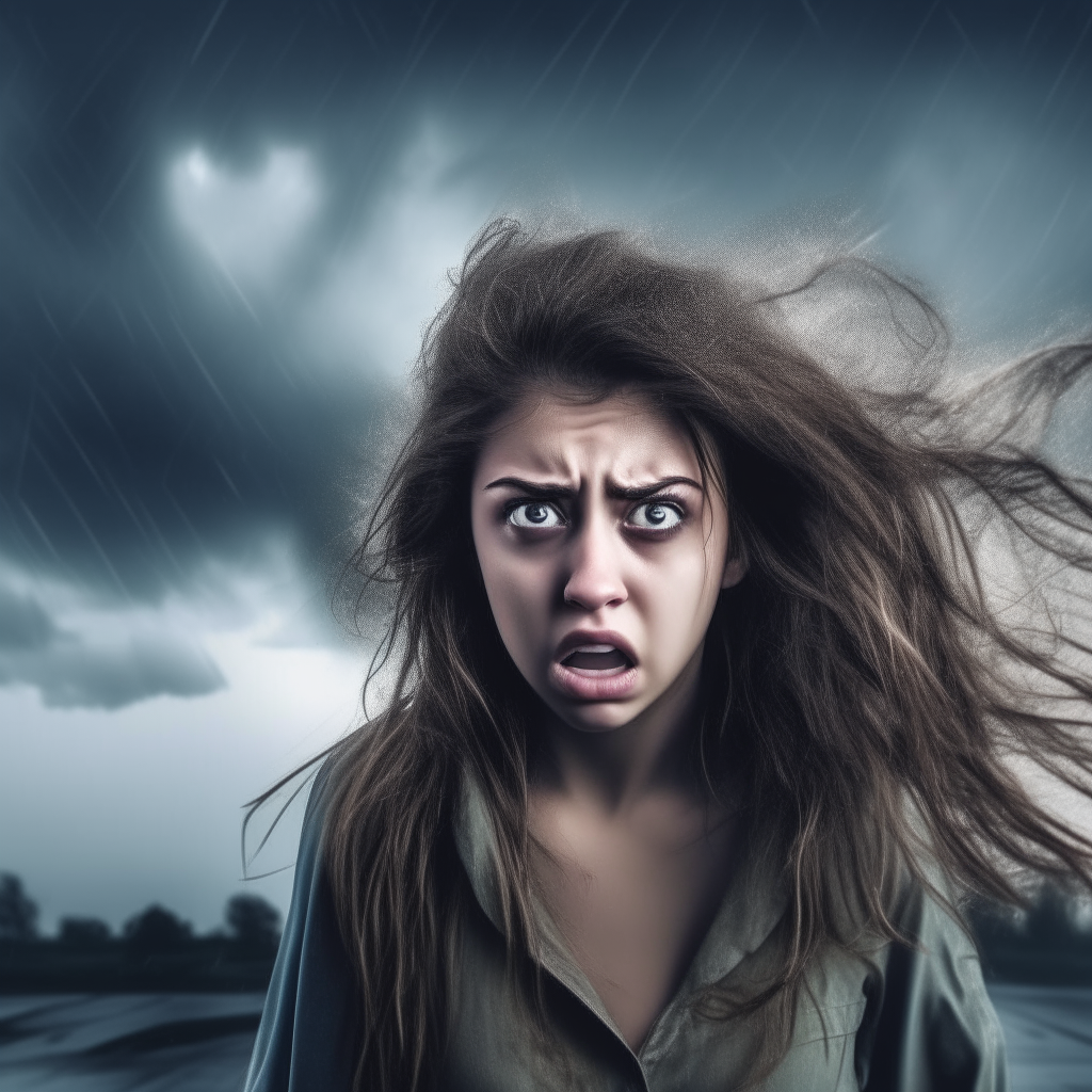 psycho girl facing the camera background of a hurricane
