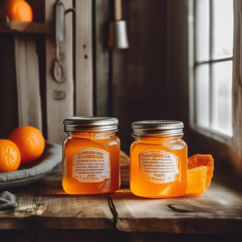 Two jars of tangerine dream jelly on a distressed wooden table in a rustic farmhouse kitchen with vintage pendant lights. The vibrant orange jelly and handwritten labels create a nostalgic, homemade scene. bright, clear studio lighting razor sharp focus