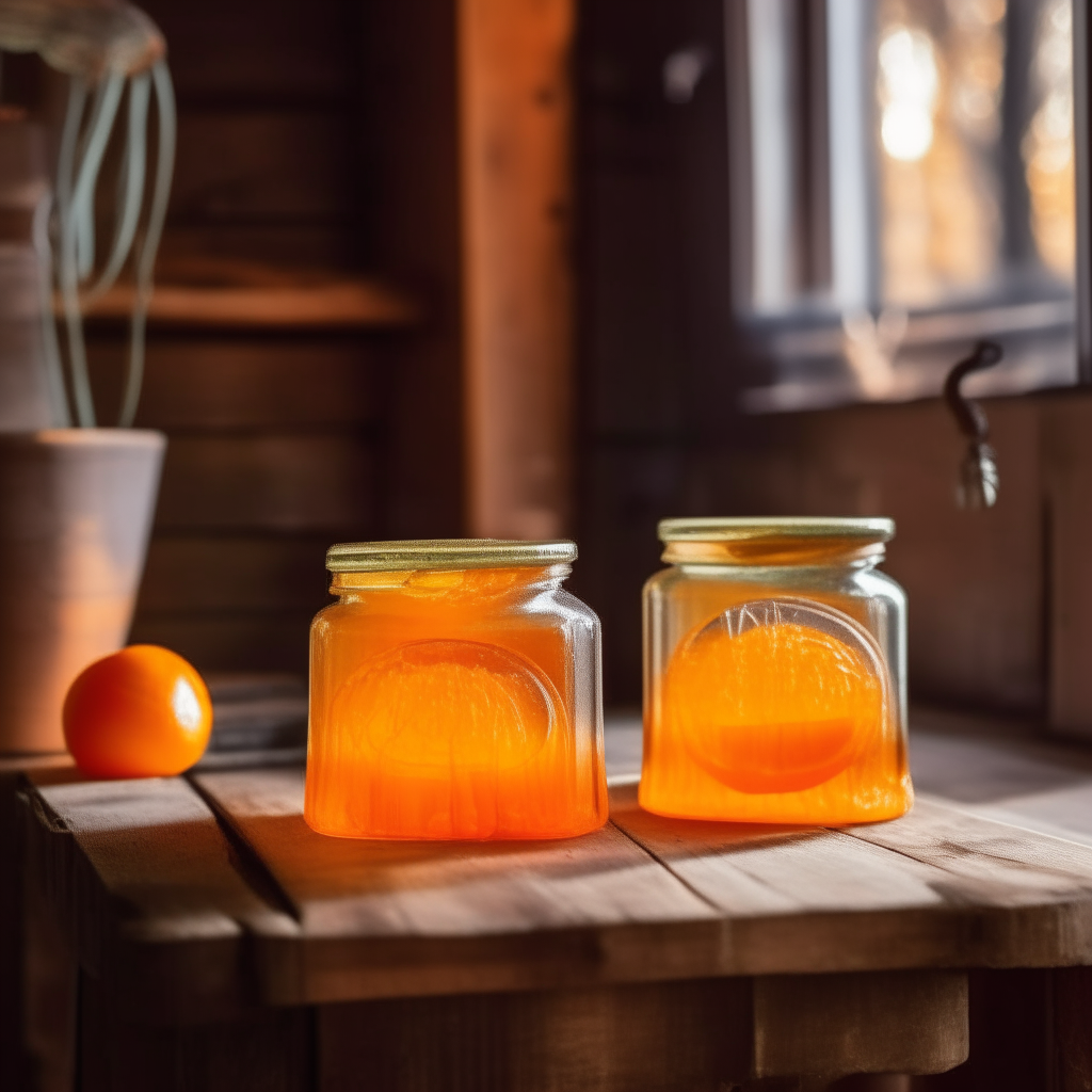 Two jars of tangerine dream jelly on a distressed wooden table in a rustic farmhouse kitchen with vintage pendant lights. The vibrant orange jelly creates a nostalgic, homemade scene. bright, clear studio lighting razor sharp focus